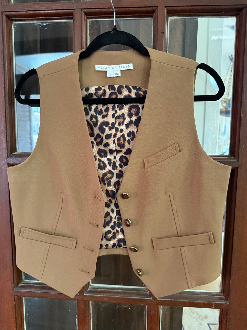 Veronica Beard Camel Tan Tailored Vest with Leopard Lining